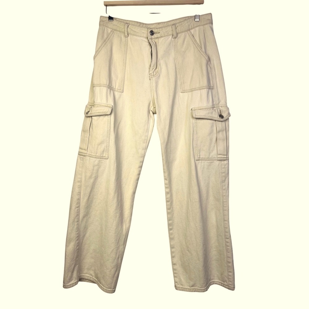 Cider XL Beige Cream Utility Cargo Pants Women's XL High Waist Wide Leg Trousers